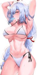 Rule 34 | 1girl, armpits, arms up, bikini, breasts, cowboy shot, earrings, food in mouth, genshin impact, grey eyes, hair ornament, hair over one eye, highres, jewelry, large breasts, navel, popsicle, popsicle in mouth, shenhe (genshin impact), shiben (ugvu5784), side-tie bikini bottom, simple background, solo, stomach, sweat, swimsuit, tassel, tassel earrings, thighs, white background, white bikini, white eyes