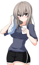 Rule 34 | 1girl, absurdres, aikir (jml5160), black shorts, blouse, blue eyes, blush, cellphone, closed mouth, commentary, cowboy shot, dolphin shorts, frown, girls und panzer, grey shirt, highres, holding, holding phone, holding towel, itsumi erika, looking at viewer, medium hair, one-hour drawing challenge, phone, shirt, short shorts, short sleeves, shorts, simple background, smartphone, solo, standing, towel, white background, wiping sweat