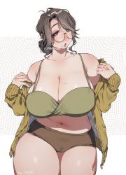Rule 34 | 1girl, abstract background, ahoge, artist name, blush, bra, breasts, brown eyes, brown hair, brown panties, cleavage, collarbone, commentary request, cowboy shot, dated, glasses, green bra, grid background, head tilt, highres, huge breasts, jacket, long sleeves, looking at viewer, medium hair, mole, mole on breast, mole on cheek, mole on neck, mole on stomach, mole on thigh, muroku (aimichiyo0526), navel, no nose, no pants, off shoulder, open mouth, original, panties, plump, shadow, solo, tareme, thick thighs, thighs, twitter username, underwear, white background, yellow jacket