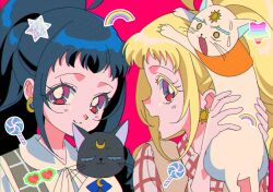 Rule 34 | 2girls, :3, :d, animal, bad id, bad twitter id, bishoujo senshi sailor moon, black cat, blonde hair, blue hair, candy, cat, closed eyes, closed mouth, constricted pupils, crescent, earrings, facial mark, food, forehead mark, highres, holding, holding animal, holding cat, jewelry, kagayaki alice, kagayaki eve, kiratto pri chan, lollipop, long hair, looking at viewer, luluna (pri chan), multiple girls, open mouth, parody, pink background, pretty series, profile, rainbow, red eyes, retro artstyle, siblings, sisters, smile, solulu, style parody, swirl lollipop, twins, upper body, white cat, zashima