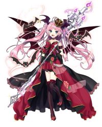 Rule 34 | 1girl, armband, bat (animal), bat wings, blue eyes, candle, candlelight, choker, crown, dress, fang, floating hair, full body, hair ornament, hairclip, head wings, highres, holding, holding staff, long hair, magic, official art, open mouth, over-kneehighs, pink hair, pointy ears, royal flush heroes, solo, staff, strapless, strapless dress, striped clothes, striped thighhighs, sylvia (royal flush heroes), thighhighs, transparent background, wings