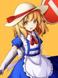 Rule 34 | 1girl, apron, artist name, blonde hair, blue dress, bow, collar, dress, eyes visible through hair, gloves, hair between eyes, hat, hat bow, highres, kana anaberal, looking at viewer, open mouth, orange background, puffy short sleeves, puffy sleeves, red bow, red neckwear, red ribbon, ribbon, short hair, short sleeves, sign, simple background, smile, solo, standing, touhou, touhou (pc-98), white apron, white bow, white collar, white gloves, white hat, yellow eyes, yu cha