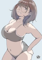 Rule 34 | 1girl, ass, breasts, brown eyes, brown hair, cleavage, dated, glasses, grin, hadashi no kenji, hand on own ass, highres, large breasts, medium hair, navel, original, simple background, smile, solo, sports bra