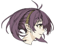Rule 34 | 1girl, ganida boushoku, medium hair, open mouth, original, pointy ears, portrait, profile, purple hair, simple background, smile, solo, teeth, upper teeth only, white background, yellow eyes