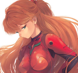 Rule 34 | 1girl, bad id, bad pixiv id, blue eyes, bodysuit, breasts, breasts apart, closed mouth, expressionless, eyelashes, from side, hair between eyes, half-closed eyes, hand on own hip, head tilt, headgear, highres, long hair, looking at viewer, medium breasts, neon genesis evangelion, orange hair, parted bangs, pilot suit, plugsuit, red hair, simple background, skin tight, solo, souryuu asuka langley, surumeri (baneiro), turtleneck, upper body, very long hair, white background
