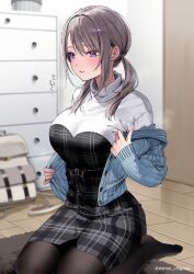 Rule 34 | 1girl, backpack, bag, black pantyhose, blue eyes, blush, breasts, chest of drawers, chigusa minori, commentary request, grey hair, highres, indoors, kneeling, large breasts, long hair, long sleeves, pantyhose, parted lips, saotome shino (shino to ren), shino to ren, thighs, translation request, twitter username