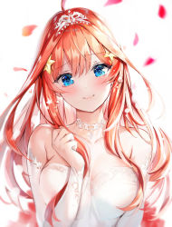 Rule 34 | 1girl, bare shoulders, blue eyes, blush, breasts, choker, cleavage, closed mouth, collarbone, detached sleeves, dress, go-toubun no hanayome, hair ornament, head tilt, long hair, looking at viewer, medium breasts, nakano itsuki, narae, petals, red hair, simple background, smile, solo, star (symbol), star hair ornament, tiara, underwear, wedding dress, white background, white choker
