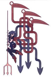Rule 34 | 1girl, absurdres, black dress, black thighhighs, blue hair, bow, bowtie, celtic knot, closed mouth, dark blue hair, dress, frills, from side, full body, harano kaguyama, highres, holding trident, houjuu nue, looking at viewer, medium hair, polearm, red bow, red bowtie, red eyes, red footwear, shoes, short dress, short sleeves, simple background, snake, solo, thighhighs, touhou, trident, weapon, white background, wrist cuffs