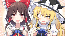 Rule 34 | 2girls, ascot, blonde hair, bow, braid, brown hair, commentary request, commission, controller, detached sleeves, e.o., frilled bow, frilled hair tubes, frills, hair bow, hair tubes, hakurei reimu, hat, hat bow, highres, holding, holding controller, kirisame marisa, long hair, multiple girls, open mouth, red bow, red eyes, short sleeves, side braid, single braid, skeb commission, smile, touhou, white bow, witch hat, yellow ascot, yellow eyes