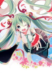 Rule 34 | 1girl, :d, bad id, bad pixiv id, detached sleeves, feathers, flower, green eyes, green hair, hair flower, hair ornament, hair ribbon, hatsune miku, long hair, matching hair/eyes, necktie, one eye closed, open mouth, pantyhose, ribbon, skirt, smile, solo, t miyanagi, twintails, very long hair, vocaloid