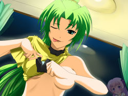 Rule 34 | 00s, 2girls, ;p, blush, breasts, clothes lift, condom, condom wrapper, from below, green eyes, green hair, hanyuu, highres, higurashi no naku koro ni, long hair, looking down, md5 mismatch, multiple girls, naughty face, one eye closed, ponytail, resolution mismatch, shirt lift, sonozaki mion, sora (y564219), source smaller, tongue, tongue out, undressing, wink