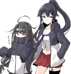 Rule 34 | 2girls, ahoge, anchor, anchor symbol, asymmetrical legwear, black hair, breasts, cleavage, closed mouth, hairband, hands in pockets, hatsushimo (kancolle), highres, jacket, kantai collection, large breasts, long hair, long sleeves, low-tied long hair, multiple girls, navel, necktie, open clothes, open jacket, ponytail, red eyes, red skirt, rindou (rindou annon), sailor collar, sidelocks, simple background, single thighhigh, skirt, sleeves past fingers, sleeves past wrists, sparkle, thighhighs, uneven legwear, white background, yahagi (kancolle), zipper