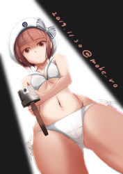 Rule 34 | 1girl, adapted turret, aiming, aiming at viewer, bikini, breasts, brown eyes, cameltoe, cannon, commentary request, cowboy shot, hat, holding, holding turret, kantai collection, moke ro, navel, red hair, sailor bikini, sailor collar, sailor hat, short hair, small breasts, solo, swimsuit, turret, white bikini, white hat, z3 max schultz (kancolle)