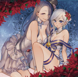 Rule 34 | 2girls, asymmetrical hair, bandages, black hair, blue eyes, breasts, commentary request, cosplay, costume switch, dress, earrings, flower, hair flower, hair ornament, half-closed eyes, hat, jewelry, kaguya (sinoalice), large breasts, long hair, looking at viewer, multiple girls, naked ribbon, necklace, ojo aa, purple eyes, ribbon, sinoalice, smile, snow white (sinoalice), top hat, white dress, white hair