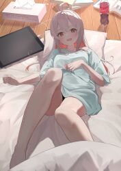 Rule 34 | 1girl, :d, absurdres, ahoge, bare legs, barefoot, blue shirt, book, bottle, brand name imitation, brown eyes, coca-cola, colored inner hair, commentary request, earbuds, earphones, english text, futon, hair between eyes, highres, legs, looking at viewer, lying, multicolored hair, nanashita shiki, off shoulder, on back, onii-chan wa oshimai!, open mouth, oversized clothes, oyama mahiro, pillow, pink hair, shirt, smile, solo, t-shirt, tablet pc, tissue box, two-tone hair, white hair, wooden floor