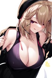 Rule 34 | 1girl, :q, absurdres, animal ear fluff, animal ears, arknights, armpit crease, blonde hair, blush, breasts, cleavage, hair ornament, hairclip, hat, highres, izulizuru, jacket, jacket partially removed, large breasts, looking at viewer, open clothes, pleated skirt, purple eyes, shirt, short hair, signature, skirt, sleeveless, sleeveless shirt, solo, tongue, tongue out, utage (arknights), utage (disguise) (arknights), white background