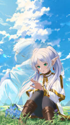 Rule 34 | 1boy, 1girl, absurdres, blue sky, blush, boots, brown footwear, capelet, chakuma (yiyh1468), closed eyes, closed mouth, commentary request, day, earrings, elf, flower, frieren, grass, green eyes, highres, himmel (sousou no frieren), jewelry, long hair, long sleeves, outdoors, parted bangs, parted lips, pointy ears, sitting, sky, sousou no frieren, transparent, twintails, white capelet, white hair