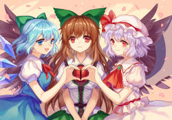 Rule 34 | 3girls, ascot, black wings, blue eyes, blue hair, blue skirt, bow, breasts, brooch, brown hair, cirno, closed mouth, fang, feathered wings, green bow, green skirt, hair bow, hair ribbon, hat, heart, heart hands, heart hands duo, ice, ice wings, jewelry, light purple hair, long hair, medium breasts, mirror (xilu4), mob cap, multiple girls, open mouth, puffy short sleeves, puffy sleeves, red eyes, red ribbon, reiuji utsuho, remilia scarlet, ribbon, shirt, short sleeves, skirt, skirt set, smile, third eye, touhou, v arms, very long hair, white shirt, wing collar, wings
