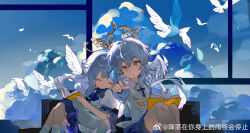 1boy 1girl aged_down backlighting bird blue_hair blue_shorts blue_sky book brother_and_sister chinese_commentary closed_eyes cloud commentary_request dove dress feet_out_of_frame halo head_wings highres holding holding_book honkai:_star_rail honkai_(series) indoors knees_up long_hair open_book parted_lips puffy_short_sleeves puffy_sleeves robin_(honkai:_star_rail) saucer_(saucer752) short_sleeves shorts siblings sky socks sunday_(honkai:_star_rail) vest weibo_watermark white_dress white_socks white_vest wings yellow_eyes