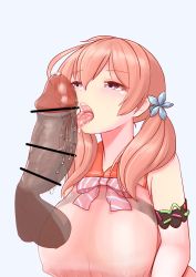 Rule 34 | arm strap, arms at sides, bar censor, bow, bowtie, breasts, censored, covered erect nipples, disembodied penis, erection, fellatio, flower hair ornament, hair between eyes, half-closed eyes, kitakami futaba, large breasts, large penis, licking, licking penis, long hair, nipples, open mouth, oral, osu atou osatou, penis, pink bow, pink bowtie, pink hair, pink shirt, precum, purple eyes, sailor collar, saliva, see-through, shirt, simple background, sleeveless, sleeveless shirt, striped bow, striped bowtie, striped clothes, testicles, tongue, tongue out, twintails, upper body, virtual youtuber, white background