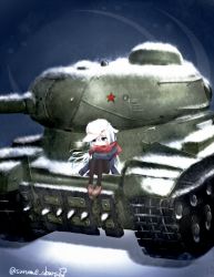 Rule 34 | 10s, 1girl, breath, caterpillar tracks, hammer and sickle, heavy breathing, hibiki (kancolle), jacket, kantai collection, loafers, military, military vehicle, motor vehicle, on vehicle, pantyhose, scarf, shoes, silver hair, snow, solo, star (symbol), surume aburi, tank, vehicle, verniy (kancolle)