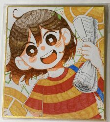 Rule 34 | 1boy, 720m orange, blush, brown eyes, brown hair, highres, holding, holding newspaper, kel (faraway) (omori), kel (omori), looking at viewer, newspaper, omori, open mouth, red shirt, rolled up newspaper, shirt, short hair, short sleeves, smile, solo, striped clothes, striped shirt, teeth, tongue, upper body, upper teeth only, yellow shirt