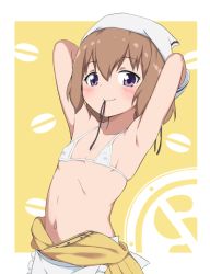 Rule 34 | 1girl, armpits, arms behind head, bikini, blend s, blush, breasts, brown hair, bubukka, clothes around waist, collarbone, commentary, covered erect nipples, head scarf, hoshikawa mafuyu, looking at viewer, micro bikini, mouth hold, navel, open clothes, open shirt, purple eyes, ribbon, ribbon in mouth, shirt, shirt around waist, short hair, small breasts, smile, solo, stile uniform, swimsuit, yellow background