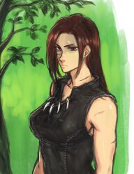 Rule 34 | 1girl, absurdres, bare arms, bare shoulders, black hair, black jacket, black shirt, breasts, brown hair, character request, copyright request, drill (emilio), forest, green hair, highres, jacket, jewelry, large breasts, leaf, leather, long hair, looking at viewer, nature, necklace, outdoors, red eyes, serious, shirt, sleeveless, solo, standing, teeth, tooth necklace, tree, upper body