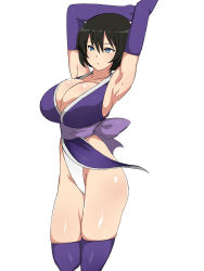 Rule 34 | 1girl, armpits, arms up, black hair, blue eyes, breasts, cleavage, elbow gloves, fundoshi, gloves, highres, japanese clothes, kagemusha, large breasts, looking at viewer, original, parted lips, purple gloves, purple thighhighs, short hair, simple background, solo, thighhighs, thighs, white background