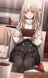 Rule 34 | 1girl, black pantyhose, black skirt, box, brown hair, cake, closed mouth, coffee cup, couch, cup, disposable cup, food, gift, gift box, grey eyes, highres, holding, holding box, holding gift, huyunora, indoors, long hair, long sleeves, looking at viewer, on couch, original, pantyhose, shirt, sitting, skirt, solo, strawberry cake, turtleneck, white bag, white shirt
