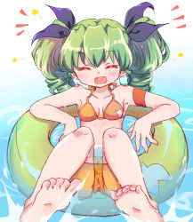 Rule 34 | 10s, 1girl, :d, ^^^, ^ ^, absurdres, afloat, anchovy (girls und panzer), arm support, armband, armpits, barefoot, bikini, blue ribbon, blush, breasts, cleavage, closed eyes, drill hair, fang, feet, full body, girls und panzer, green hair, hair ribbon, happy, highres, innertube, knees up, komatsu tsumako, laughing, leaning back, open clothes, open mouth, orange bikini, partially submerged, ribbon, signature, small breasts, smile, soles, solo, splashing, star (symbol), swim ring, swimsuit, toes, transparent, twin drills, water, wet