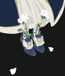 Rule 34 | 1boy, absurdres, black background, blue footwear, cloak, fate/grand order, fate (series), feet, flower, flower request, foot focus, head out of frame, highres, male focus, oberon (fate), petals, simple background, socks, solo, tn kn1000, white flower, white petals, white socks