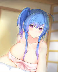 Rule 34 | 1girl, ahoge, azur lane, blue hair, breasts, cleavage, large breasts, long hair, looking at viewer, naked towel, sa (nax49), smile, solo, st. louis (azur lane), thighs, towel