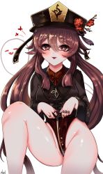 Rule 34 | 1girl, blush, brown hair, flower, genshin impact, ghost, gmg, groin, haigure pose, hat, highleg, highres, hu tao (genshin impact), jewelry, long sleeves, looking at viewer, nail polish, plum blossoms, red eyes, ring, simple background, smile, symbol-shaped pupils, thighs, tongue, tongue out, twintails, white background