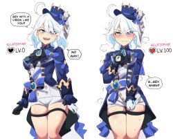Rule 34 | 1girl, :d, absurdres, ahoge, ascot, asymmetrical gloves, black ascot, blue bow, blue eyes, blue headwear, blue jacket, blush, bow, brooch, commentary, cowboy shot, furina (genshin impact), genshin impact, gloves, hat, hat bow, heart, highres, hinghoi, jacket, jewelry, long sleeves, looking at viewer, mismatched gloves, multiple views, open mouth, short hair, short shorts, shorts, simple background, smile, speech bubble, standing, thigh strap, thighs, top hat, white background, white gloves, white hair, white shorts
