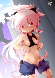 Rule 34 | 1girl, bare shoulders, blush, breasts, closed mouth, earrings, groin, jewelry, long hair, looking to the side, navel, nipples, original, pink hair, ponytail, red eyes, reku, shiroko (reku), shorts, signature, small breasts, smile, solo, standing, very long hair