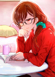 Rule 34 | 1girl, aqua scrunchie, bed, brown hair, commentary request, cup, glasses, hair ornament, hair scrunchie, hand on own cheek, hand on own face, highres, hood, hoodie, kanojo okarishimasu, magazine (object), mikazuki akira!, mug, open magazine, pillow, red hoodie, scrunchie, sitting, solo, table