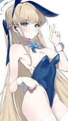 Rule 34 | 1girl, animal ears, bare shoulders, blonde hair, blue archive, blue bow, blue bowtie, blue eyes, blue leotard, blush, bow, bowtie, braid, breasts, closed mouth, collarbone, detached collar, fake animal ears, fake tail, hair bow, halo, hands up, highres, layer (shinobu), leotard, long hair, looking at viewer, medium breasts, official alternate costume, official alternate hairstyle, playboy bunny, rabbit ears, rabbit tail, simple background, solo, standing, strapless, strapless leotard, tail, thighhighs, toki (blue archive), toki (bunny) (blue archive), v, white background, white thighhighs, wing collar, wrist cuffs