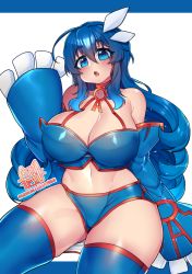 Rule 34 | 1girl, blue bra, blue eyes, blue gloves, blue hair, blue panties, blue thighhighs, blush, bra, breasts, cleavage, commentary, commission, creatures (company), curvy, elbow gloves, english commentary, game freak, gen 3 pokemon, gloves, hair between eyes, hair ornament, head tilt, highres, huge breasts, kyogre, legendary pokemon, long hair, looking at viewer, nintendo, o-ring, o-ring top, osiimi, panties, parted lips, patreon username, personification, pokemon, signature, solo, thick thighs, thighhighs, thighs, underwear, white background, wide hips