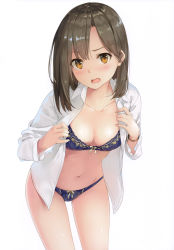 Rule 34 | 1girl, absurdres, blush, bow, bow bra, bow panties, bra, bracelet, brown eyes, brown hair, collarbone, fang, floral print, highres, jewelry, long sleeves, navel, open clothes, open mouth, open shirt, original, panties, scan, shiny skin, shirt, short hair, simple background, solo, stomach, thighs, unasaka ryou, underwear, white background, white shirt