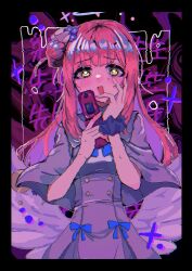 Rule 34 | 1girl, absurdres, black border, blue archive, blue bow, blush, border, bow, breasts, cellphone, dress, feathered wings, flip phone, flower, hair bun, hair flower, hair ornament, halo, heart, heart-shaped pupils, highres, holding, holding phone, kuzuuo, long hair, looking at viewer, low wings, medium breasts, mika (blue archive), multicolored hair, open mouth, phone, pink hair, purple hair, scrunchie, single side bun, solo, sweat, symbol-shaped pupils, wing ornament, wings, wrist scrunchie, yellow eyes