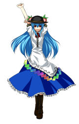 Rule 34 | 1girl, bad id, bad pixiv id, blue hair, boots, female focus, food, fruit, full body, hat, hinanawi tenshi, long hair, ogera, ogera okera, peach, red eyes, simple background, solo, standing, touhou, white background