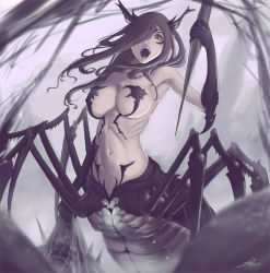 Rule 34 | 1girl, arthropod girl, bad id, bad pixiv id, black hair, breasts, brown eyes, carrying, covered erect nipples, fantasy, female focus, hair over one eye, horns, insect girl, large breasts, long hair, looking at viewer, monster girl, navel, open mouth, original, polearm, solo, spear, spider girl, stealthmaria, weapon