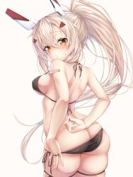 Rule 34 | 1girl, arched back, arms behind back, ass, ayanami (azur lane), azur lane, back, bandaid, bandaid on arm, bare shoulders, bikini, bikini pull, black bikini, blush, breasts, butt crack, clothes pull, covered erect nipples, cowboy shot, crossed bangs, eyelashes, from behind, hair between eyes, hair intakes, hair ornament, hairclip, headgear, high ponytail, highres, legs together, light brown hair, long hair, looking at viewer, looking back, lowleg, lowleg bikini, medium breasts, parted lips, pulling own clothes, shoulder blades, side-tie bikini bottom, sideboob, simple background, skindentation, solo, standing, strap gap, string bikini, sutetete, sweat, swimsuit, thigh strap, thighs, underboob, white background, yellow eyes