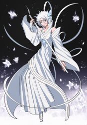 Rule 34 | 1girl, absurdres, bankai, bare shoulders, black background, bleach, bleach: sennen kessen-hen, blue eyes, closed mouth, collared dress, commentary, commission, detached sleeves, dress, english commentary, expressionless, full body, hair between eyes, hakka no togame (bankai), hand up, highres, holding, holding sword, holding weapon, ice flower, jitome, katana, kuchiki rukia, long ribbon, long sleeves, looking at viewer, ribbon, rozuberry, second-party source, short hair, simple background, solo, sparkle, spoilers, sword, tabi, weapon, white dress, white footwear, white hair, white ribbon, white theme, wide sleeves
