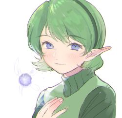 Rule 34 | 1girl, blue eyes, blush, fujie-yz, green eyes, green hairband, hairband, hand on own chest, highres, looking at viewer, navi, nintendo, portrait, saria (zelda), short hair, simple background, smile, the legend of zelda, the legend of zelda: ocarina of time, white background