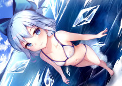 Rule 34 | 1girl, arms at sides, bare arms, bare legs, bare shoulders, barefoot, bikini, blue bow, blue eyes, blue hair, blue sky, bow, breasts, cirno, closed mouth, cloud, cloudy sky, collarbone, covered erect nipples, day, dutch angle, foreshortening, frozen lake, full body, hair bow, hip focus, ice, ice wings, lake, looking at viewer, navel, nipples, outdoors, see-through, short hair, sky, small breasts, smile, solo, stomach, swimsuit, toes, touhou, walking, wings, yan (nicknikg)