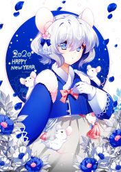 Rule 34 | 1girl, 2020, :o, animal ear fluff, animal ears, artist name, bad id, bad pixiv id, blue eyes, blue flower, blue jacket, bow, chinese zodiac, commentary request, flower, fur-trimmed jacket, fur trim, gloves, grey skirt, hago, hair between eyes, happy new year, highres, jacket, long sleeves, mouse ears, new year, original, parted lips, petals, pink bow, pleated skirt, puffy long sleeves, puffy sleeves, signature, skirt, solo, upper body, white flower, white gloves, white hair, year of the rat