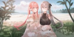 Rule 34 | 2girls, :d, ahoge, bare shoulders, beach, bikini, black bikini, black choker, black ribbon, blurry, blurry foreground, blush, bow, breasts, brown eyes, chihuri, choker, cleavage, closed mouth, collarbone, commentary request, day, depth of field, detached sleeves, grey eyes, grey hair, hair between eyes, hair bow, hair ribbon, highres, long hair, medium breasts, multiple girls, navel, open mouth, original, outdoors, pink hair, ponytail, puffy short sleeves, puffy sleeves, ribbon, sand, short sleeves, sitting, small breasts, smile, striped bikini, striped bow, striped clothes, swimsuit, vertical-striped bikini, vertical-striped clothes, very long hair, water, white bikini, white bow, white sleeves, yana (chihuri), yuri, zoya petrovna vecheslova