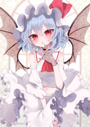 Rule 34 | 1girl, absurdres, ascot, bare shoulders, bat wings, black collar, black wings, blue hair, blurry, blurry background, blush, collar, collared vest, commentary, cowboy shot, detached sleeves, frilled skirt, frills, gloves, hair between eyes, hat, hat ribbon, heart collar, highres, lace, lace gloves, looking at viewer, medium hair, midriff, mob cap, open mouth, pointy ears, red ascot, red eyes, red ribbon, remilia scarlet, ribbon, rori82li, skirt, solo, touhou, vest, white hat, white skirt, white sleeves, white vest, wide sleeves, wind, wind lift, window, wings